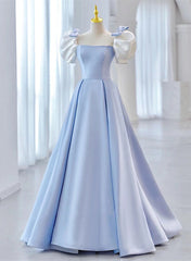 Blue Satin Short Sleeves with Bow Lace-up Party Dress