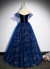 Vestido de fiesta largo de tul azul marino con hombros descubiertos y cuentas 