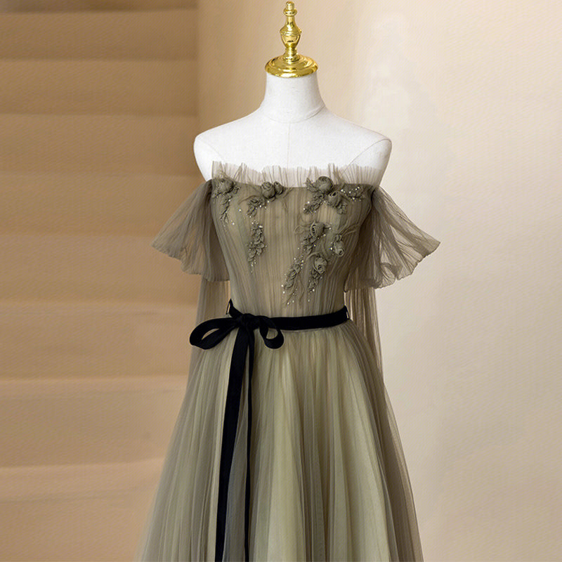 Light Green Tulle Off Shoulder with Flowers A-line Prom Dress