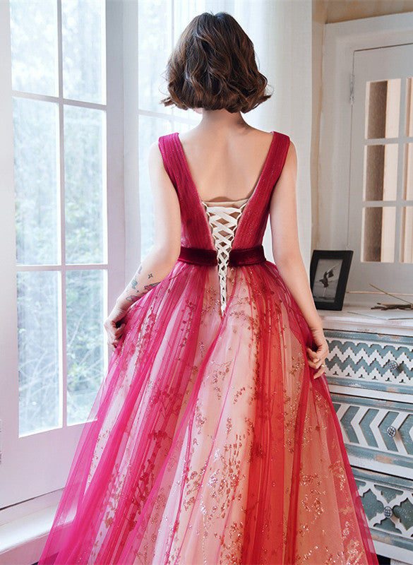 Red V-neckline Tulle A-line Long Prom Dress