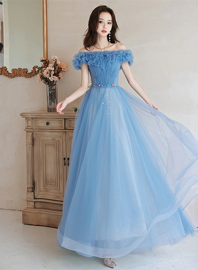 Blue Off Shoulder Beaded A-line Floor Length Party Dress