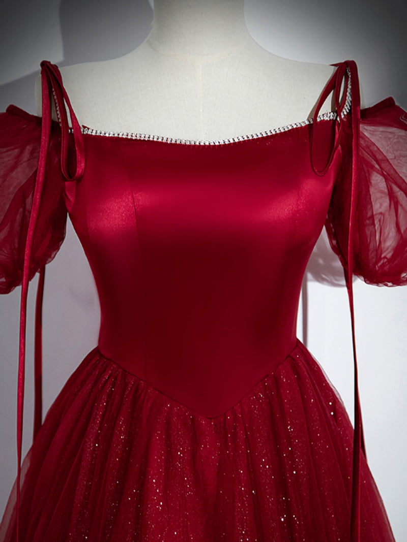 Vestido de fiesta largo con tirantes de tul y satén rojo vino 