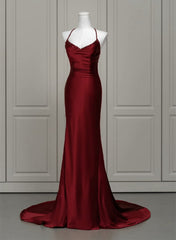 Wine Red Satin Mermaid Straps Low Back Prom Dress