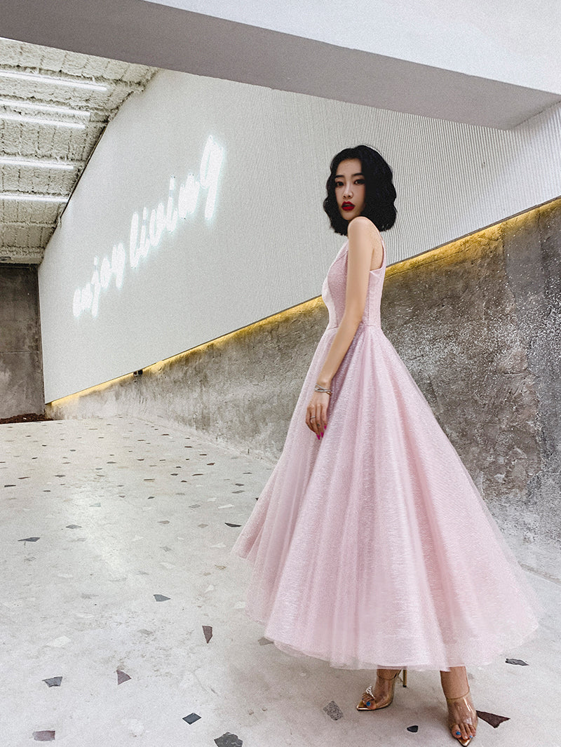 Pink V-neckline Sequins V-necckline Straps Party Dress