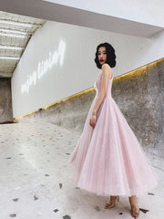 Pink V-neckline Sequins V-necckline Straps Party Dress