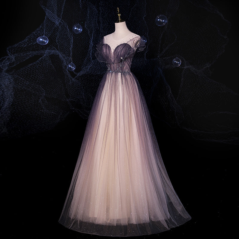 Charming Tulle Gradient Cap Sleeves Long Party Dress