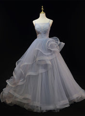Grey Tulle Straps Layers Long Prom Dress Party Dress