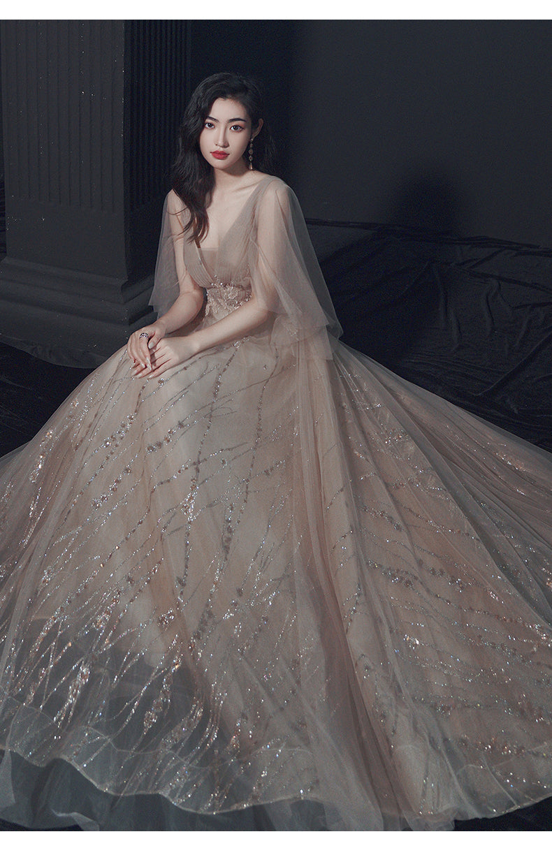 Sexy Champagne Tulle V Back Long Evening Dress Party Dress