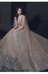 Sexy Champagne Tulle V Back Long Evening Dress Party Dress