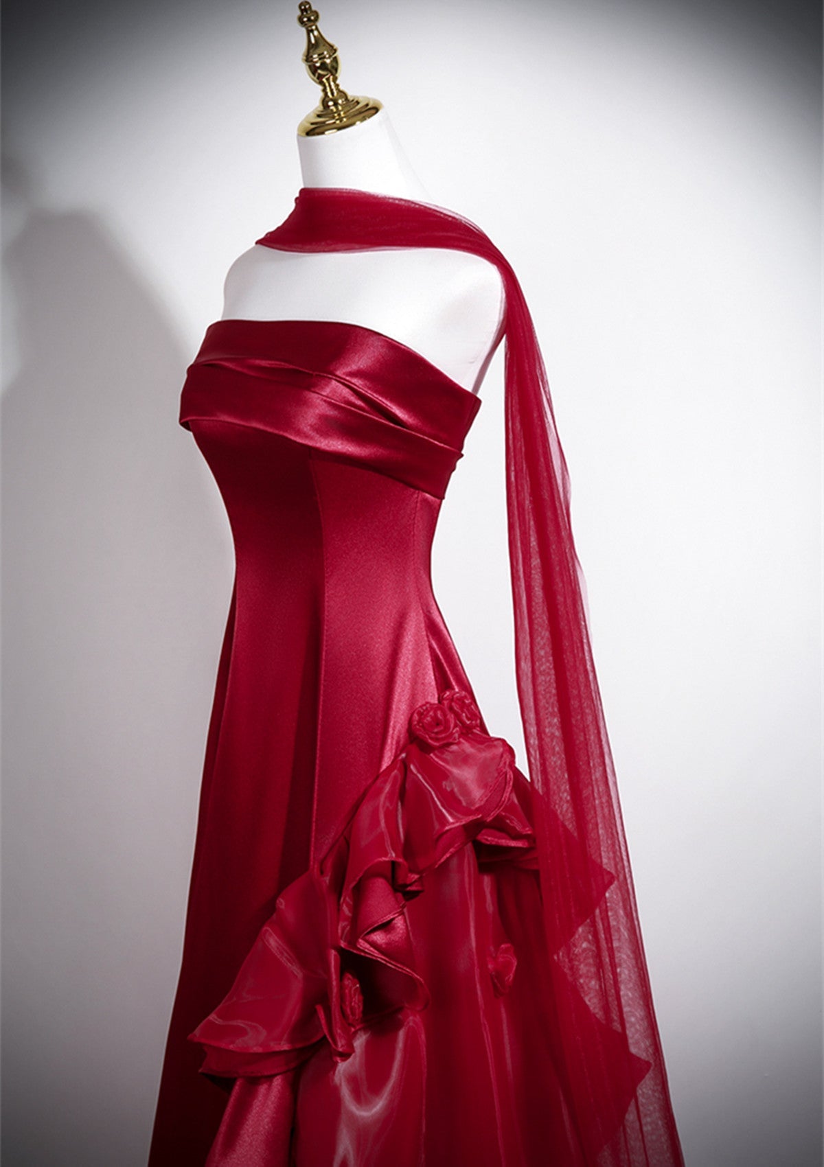 Strapless Wine Red Formal Gown With Organza Skirt