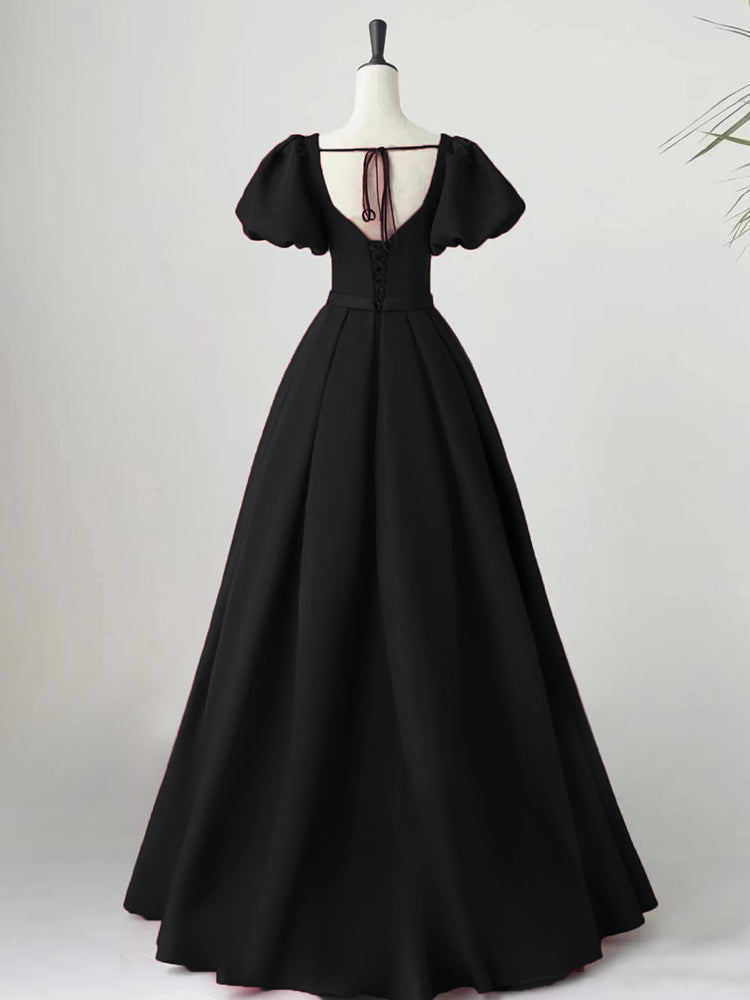 Black Satin Puffy Sleeves Long Evening Party Dress