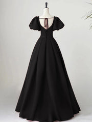 Black Satin Puffy Sleeves Long Evening Party Dress