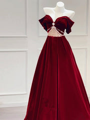 Vestido de fiesta de terciopelo rojo vino con hombros descubiertos y corte A 