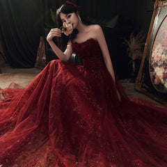 Wine Red Floral Lace and Tulle Long Evening Gown Party Dress