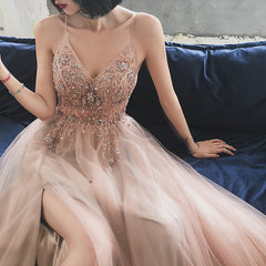 V-neckline Pink Beaded Tulle High Slit Straps Formal Dress