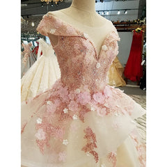 Beautiful Pink Tulle with Flowers and Beaded Long Party Dress