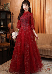 Vestido de fiesta largo de tul rojo vino con mangas abullonadas 