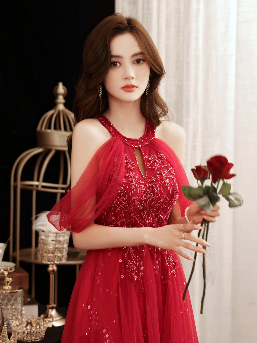 Vestido de fiesta largo con hombros descubiertos, lentejuelas rojas y cuentas 