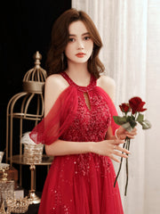 Vestido de fiesta largo con hombros descubiertos, lentejuelas rojas y cuentas 