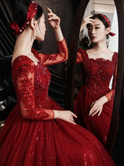 Vestido de fiesta de tul con mangas largas y espalda baja de encaje rojo vino 