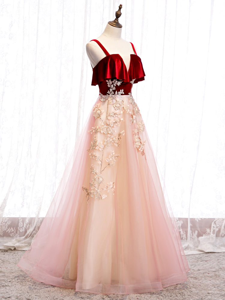 Vestido de fiesta largo de terciopelo y tul con tirantes bonitos 