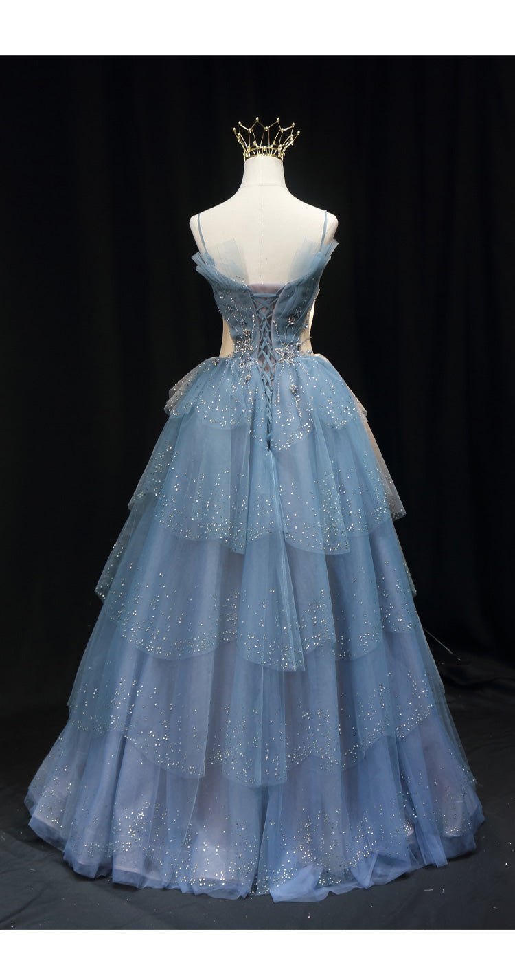 Gorgeous Blue Tulle Layers Beaded Long Wedding Party Dresses