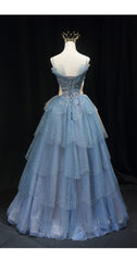 Gorgeous Blue Tulle Layers Beaded Long Wedding Party Dresses