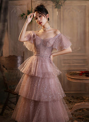Vestido de fiesta de manga corta de tul brillante rosa oscuro 
