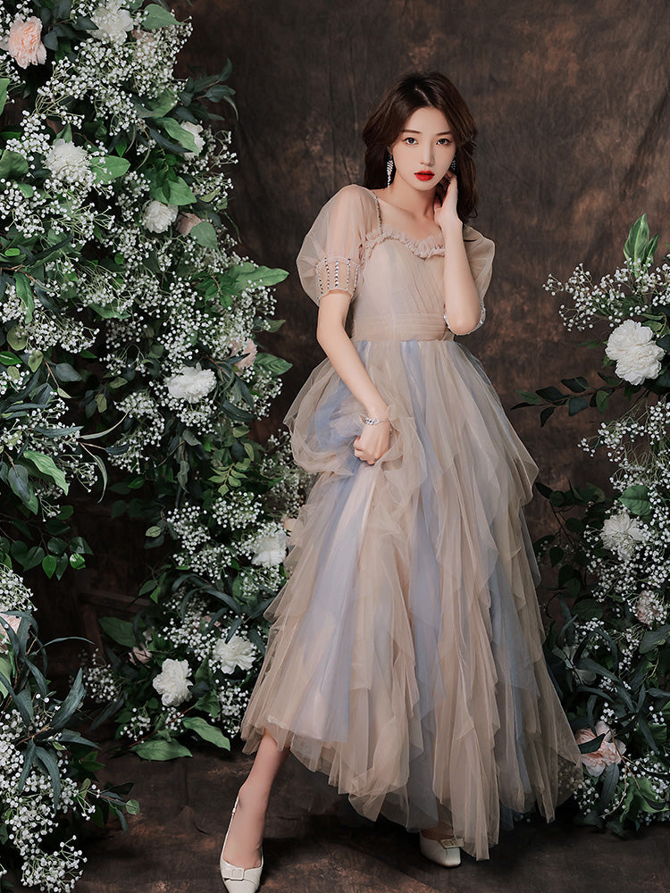 Cute Short Sleeves Layers Tulle Long Party Dress