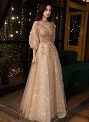 Light Champagne Tulle with Lace Long Party Dress