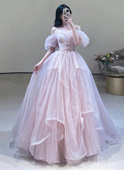 Vestido de fiesta rosa con escote en forma de corazón, de tul y cuentas, con hombros descubiertos 