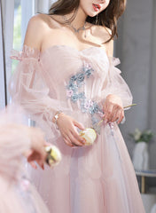 Light Pink Off Shoulder A-line Tulle Prom Dress with Lace