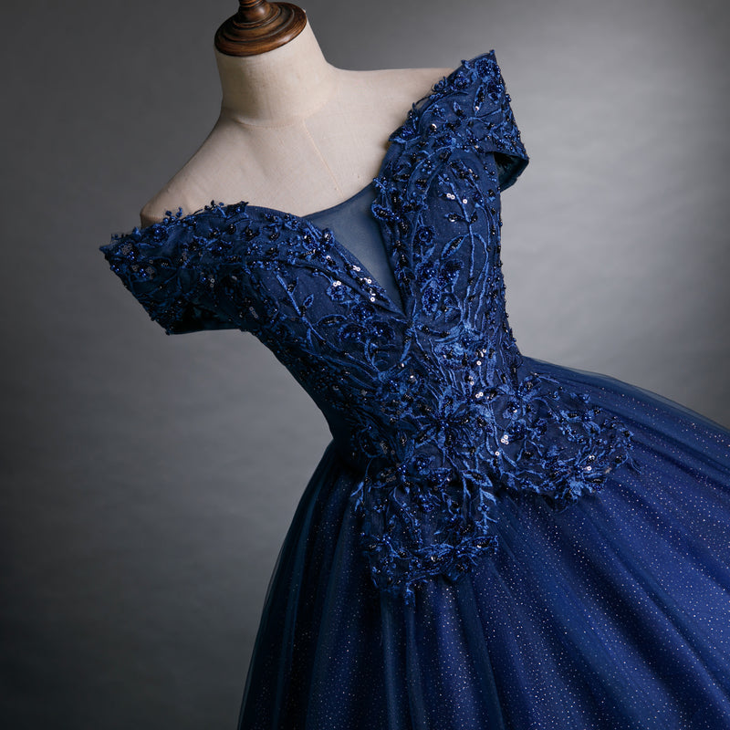 Vestido de fiesta azul marino con hombros descubiertos de tul y encaje para dulces 16 