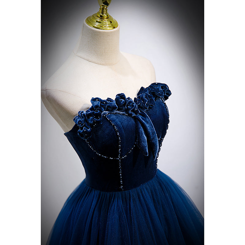 Blue Sweetheart Tulle and Velvet Long Party Dress
