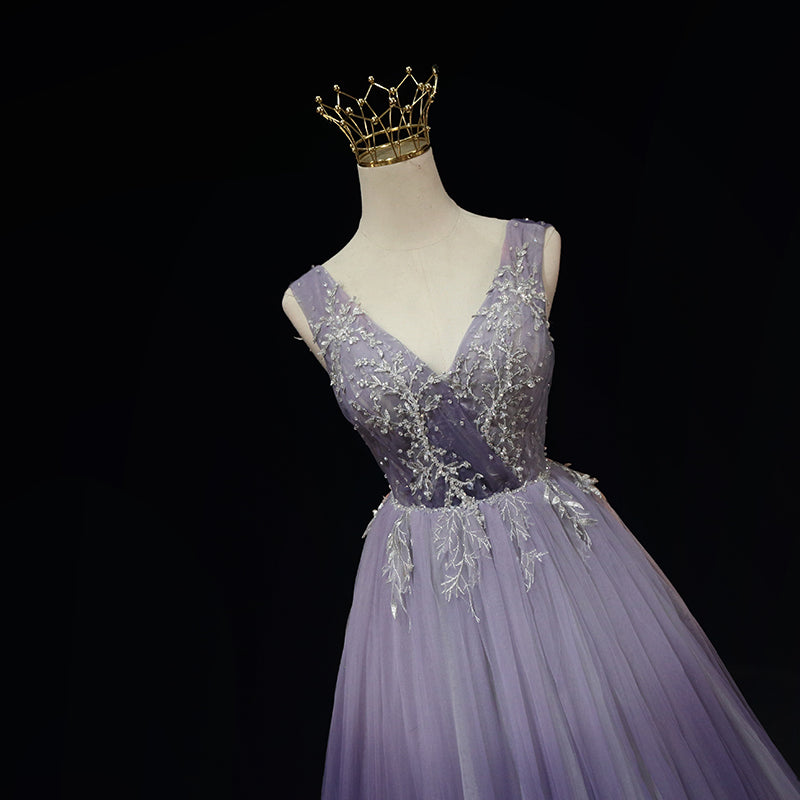 Vestido formal con apliques de encaje degradado de tul morado claro 