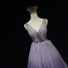 Vestido formal con apliques de encaje degradado de tul morado claro 