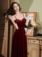 Wine Red Velvet Simple Sweetheart Off Shoulder Party Dress