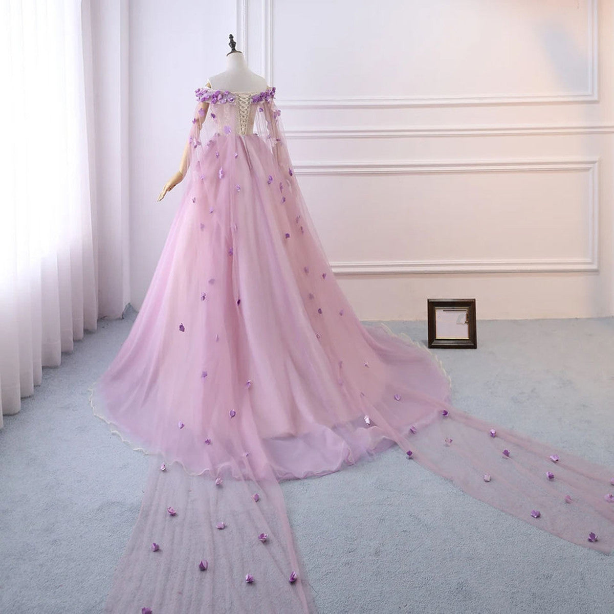 Vestido largo de tul rosa con flores para fiesta de dulces 16 
