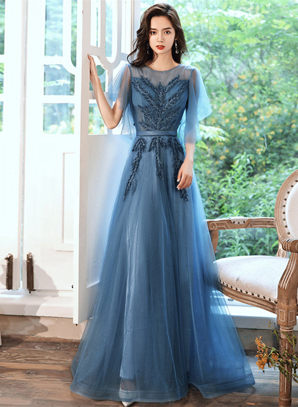Vestido de fiesta largo de tul azul verdoso con corte A y encaje 