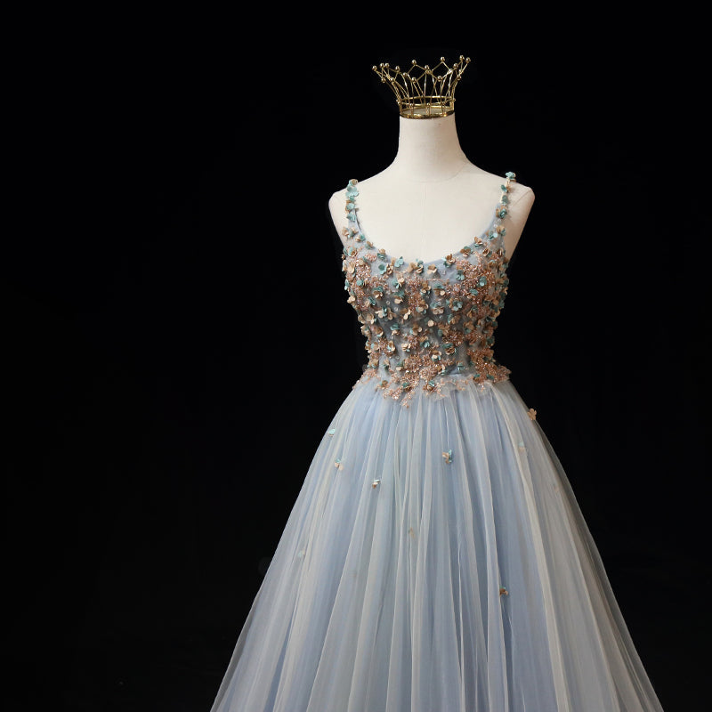 Blue Tulle with Flowers Straps Long Evening Dress