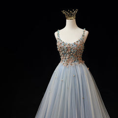 Blue Tulle with Flowers Straps Long Evening Dress