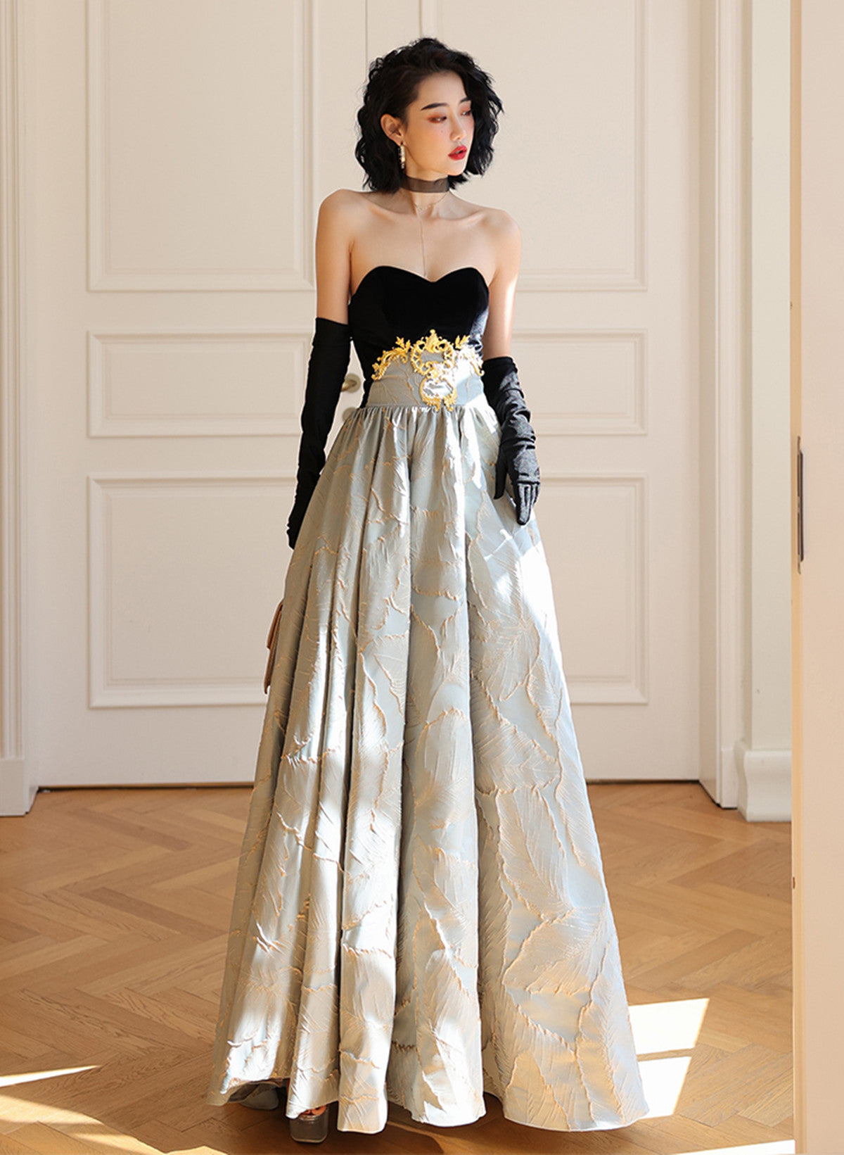 A-line Sweetheart Floral Satin Long Party Dress