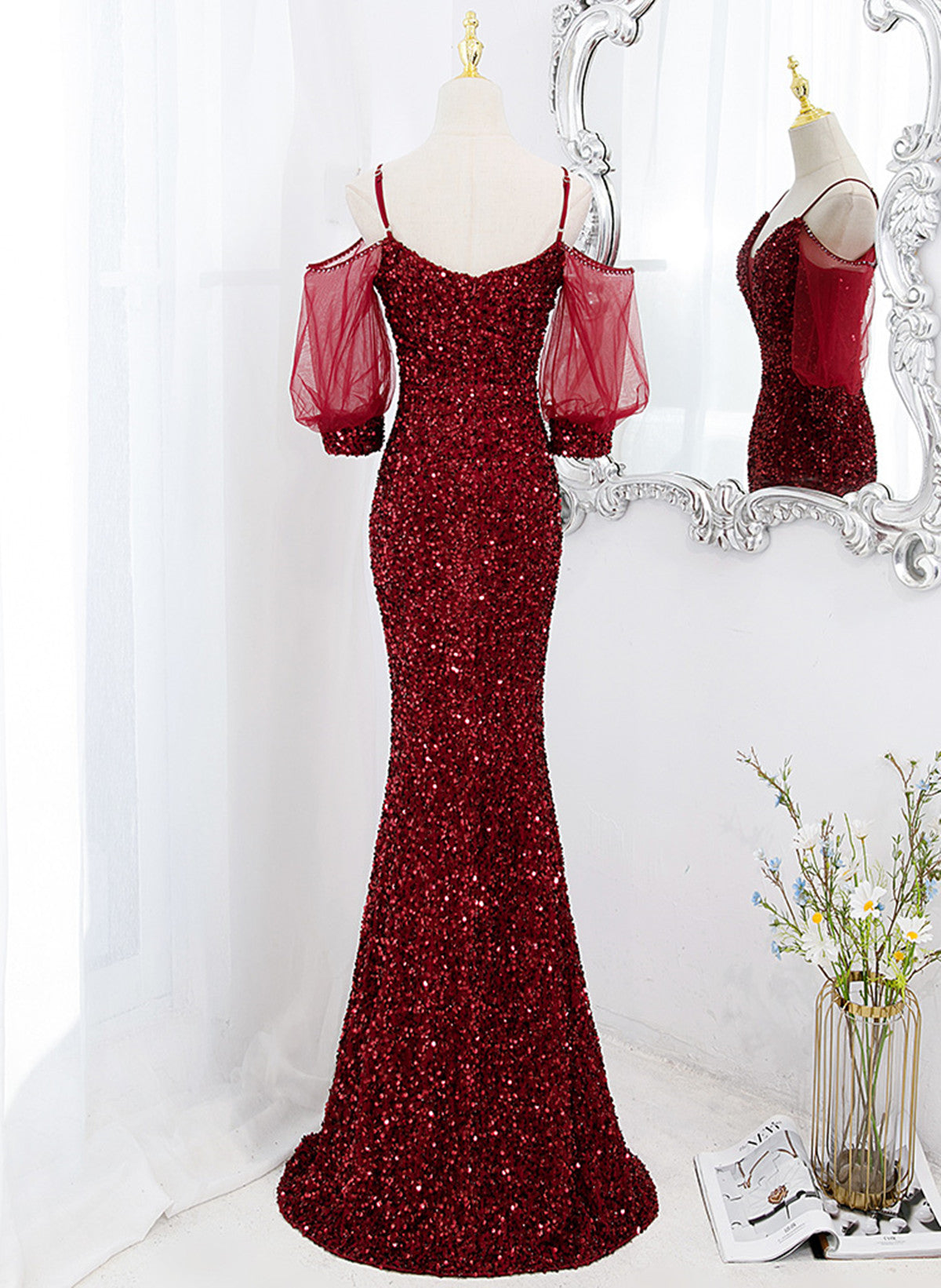 Vestido largo de fiesta estilo sirena de terciopelo rojo vino 