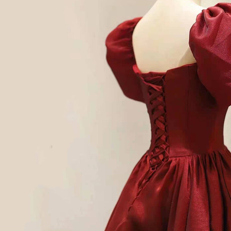 Vestido de fiesta de boda de manga corta color rojo vino hasta la rodilla 