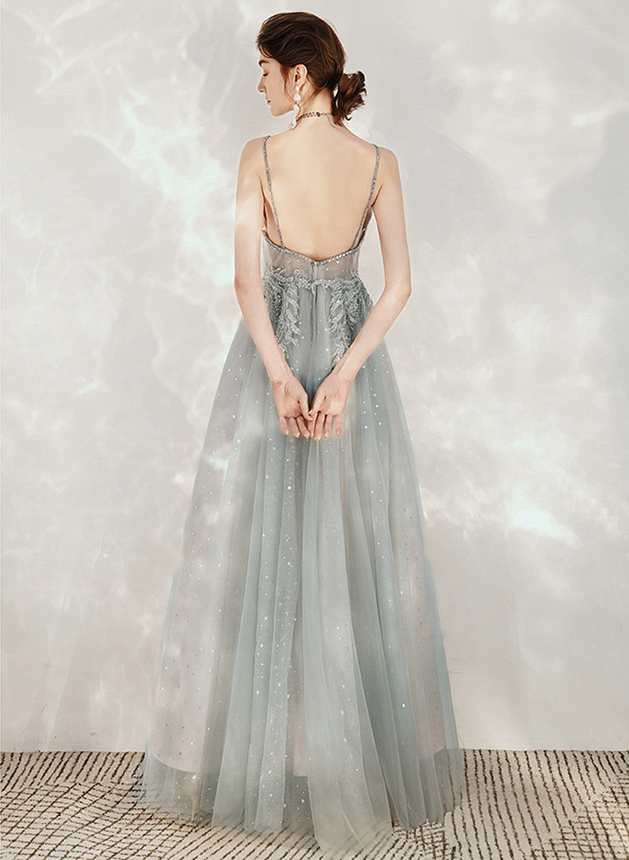 Vestido de fiesta largo de tul con tirantes y cuentas en forma de A 