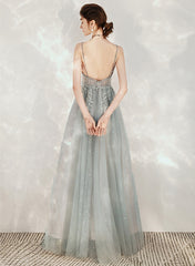 Vestido de fiesta largo de tul con tirantes y cuentas en forma de A 