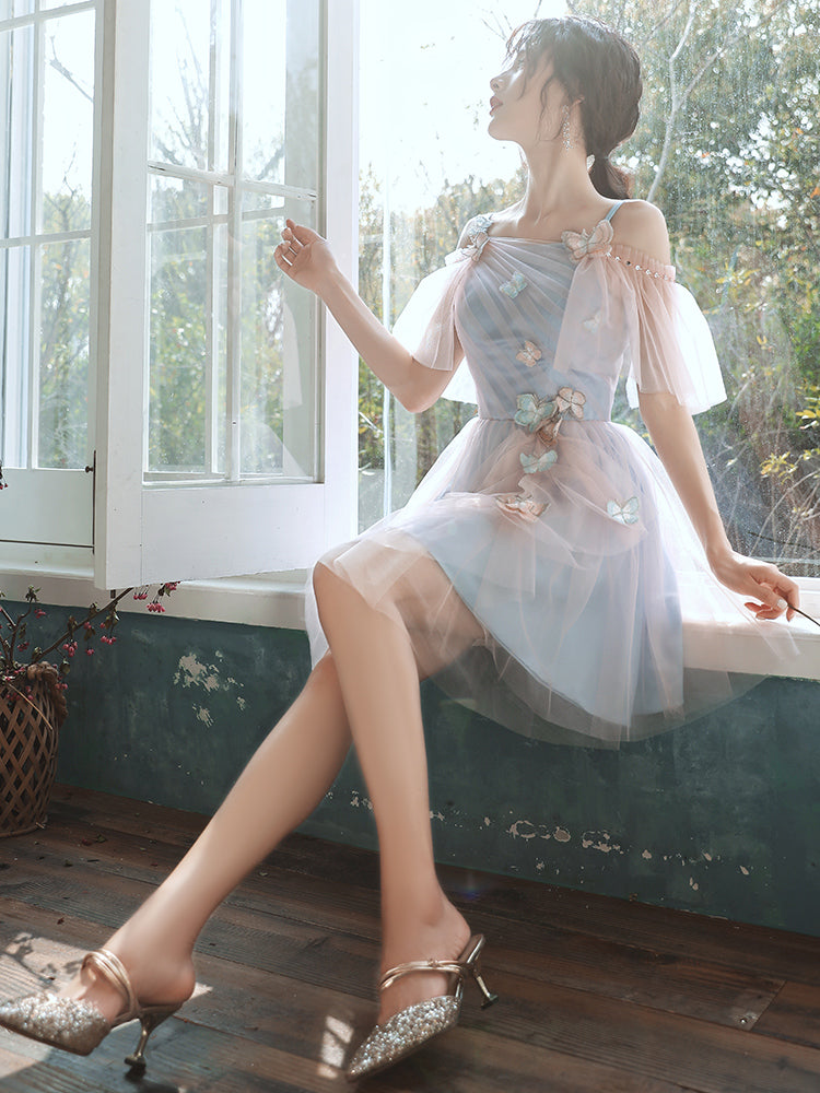 A-line Lovely Pink and Blue Short Tulle Party Dress