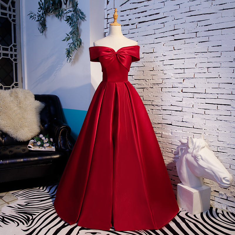 Red Off Shoulder Satin A-line Sweetheart Long Prom Dress