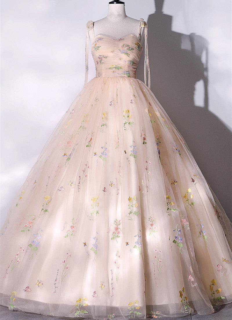 Champagne Floral Tulle Straps Sweetheart Long Party Dress