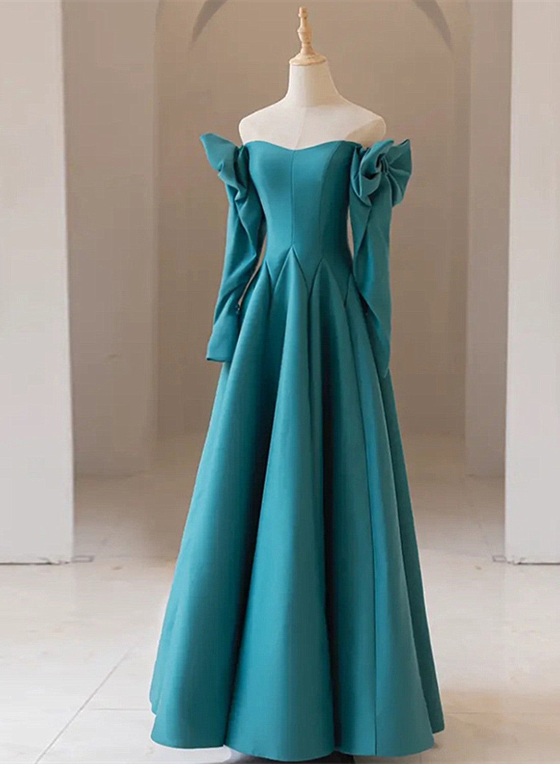 Teal Blue Long Sleeves with Bow A-line Sweetheart Prom Dress